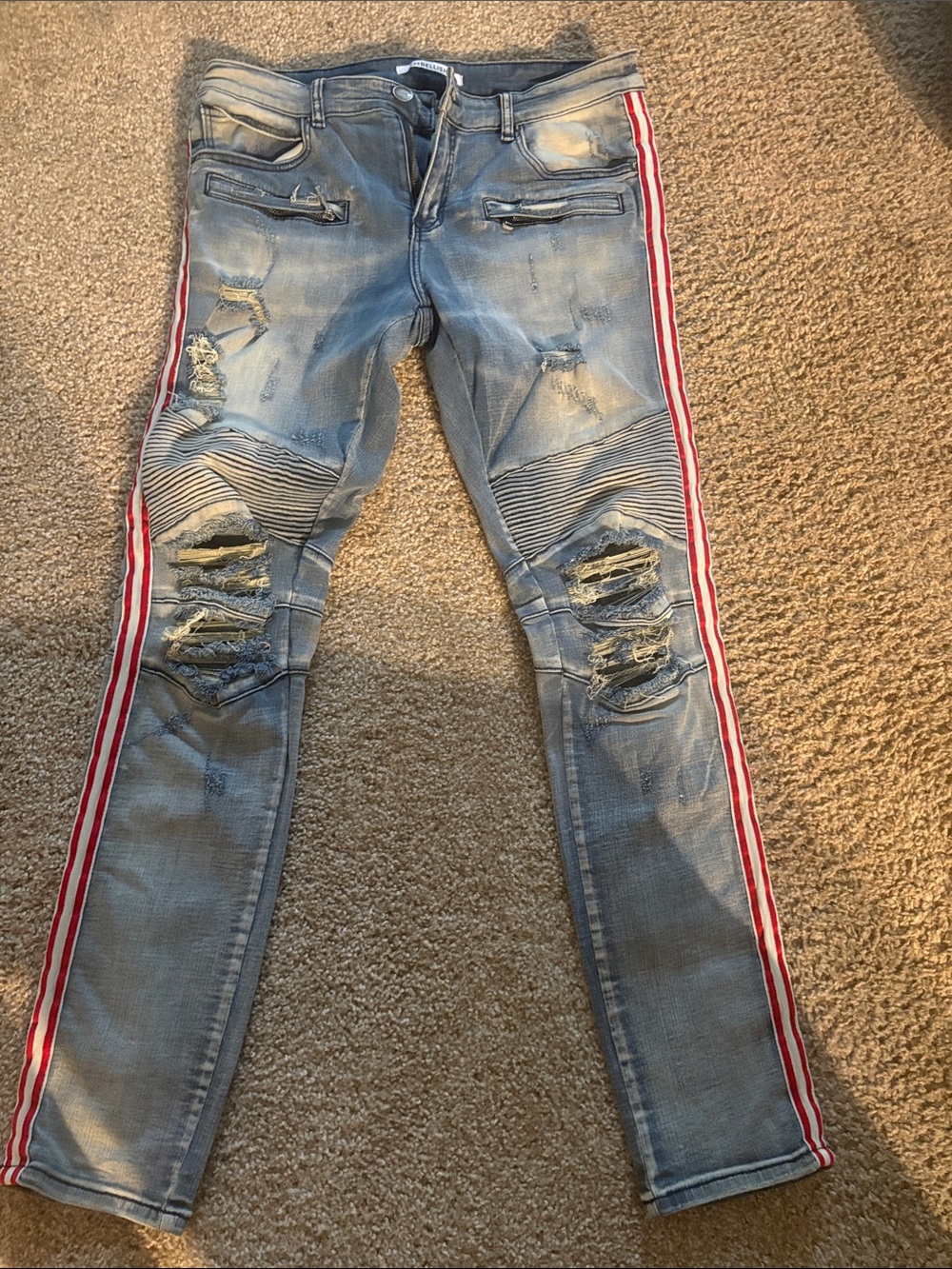 Light Blue Skinny Jeans with Red Side Stripes - Men's